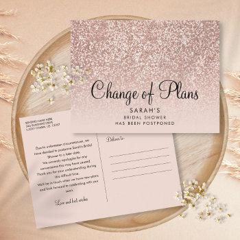 change of plans bridal shower rose gold glitter postcard