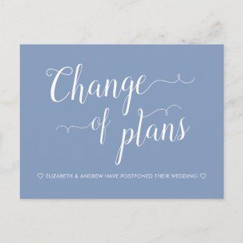 change of plans dusty blue wedding postponement announcement postcard