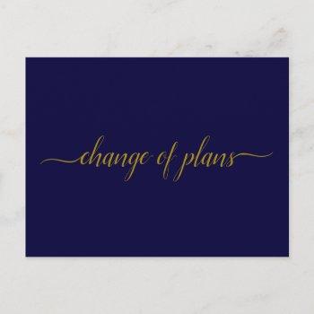 change of plans wedding postponed gold on navy announcement postcard