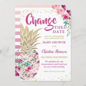 change the date pink gold pineapple baby shower invitation