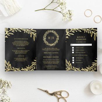 charcoal grey gold leaf branch all in one wedding tri-fold invitation