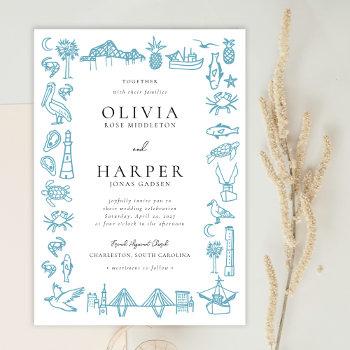 charleston toile border in blue wedding invitation
