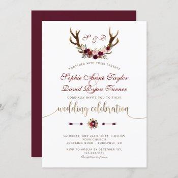 charm burgundy marsala floral antlers gold wedding invitation