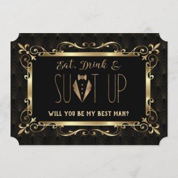 Small Charm Roaring 20s Gold Art Deco Be My Best Man Front View