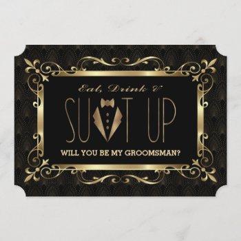 Small Charm Roaring 20s Gold Art Deco Be My Groomsman Front View