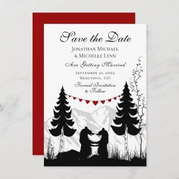 Small Charming Silhouette Mountain Bear Couple Wedding Save The Date Front View