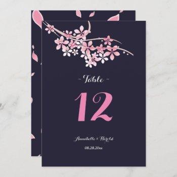 cherry blossom navy white floral  table wedding invitation