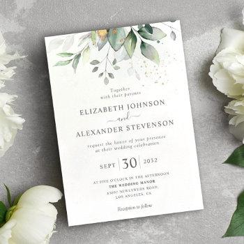 chic airy greenery eucalyptus leaf gold wedding invitation