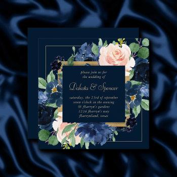 chic blooms | dark navy blue and blush wreath invitation