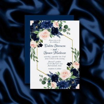 chic blooms | navy blue and blush pink gold frame invitation