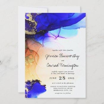 chic blue gold orange alcohol ink wedding invitation