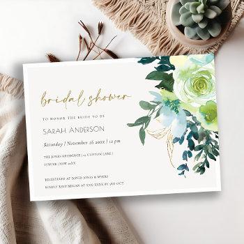 Small Chic Blue Green Floral Leafy Baby Shower Invite Front View