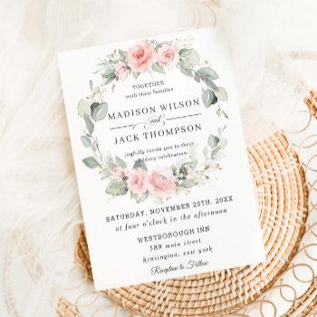 chic blush pink floral greenery wreath wedding invitation