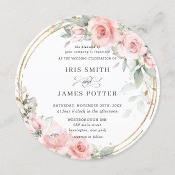 chic blush soft pink floral gold greenery wedding invitation