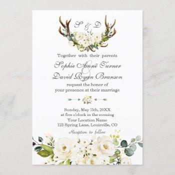 chic boho white cream flowers antlers wedding invitation