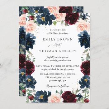 chic burgundy navy blue blush floral wedding invitation
