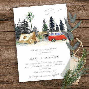 chic camping watercolor pine forest bridal shower invitation