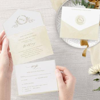 chic, champagne cream watercolor monogram wedding  all in one invitation