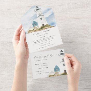 chic dusky aqua blue lighthouse mountain wedding all in one invitation