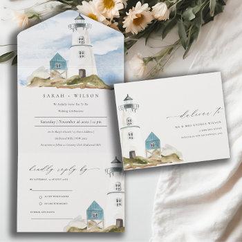 Small Chic Dusky Aqua Blue Lighthouse Mountain Wedding All In One Front View