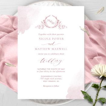 chic dusty rose watercolor stains monogram wedding invitation