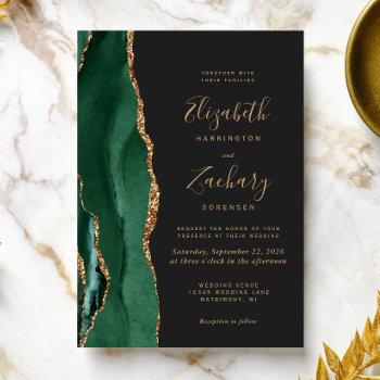 chic emerald green gold agate dark wedding invitation