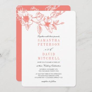 chic floral magnolia branch | coral | wedding invitation