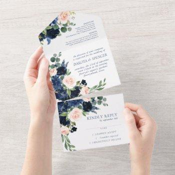 chic floral | romantic navy blue blush wedding all in one invitation