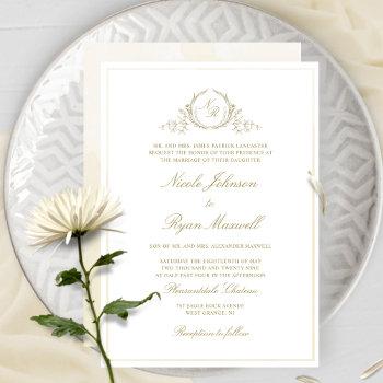 chic formal champagne monogram, watercolor wedding invitation
