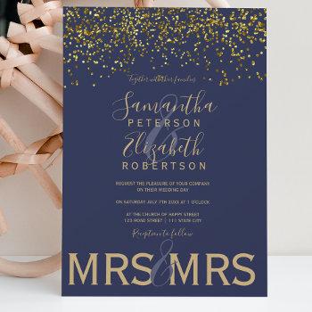 Small Chic Gold Confetti Navy Blue Lesbian Wedding Front View