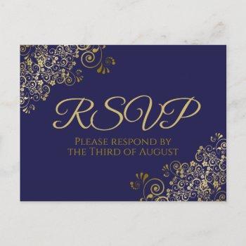 Small Chic Gold Curls & Swirls On Navy Wedding Rsvp Post Front View