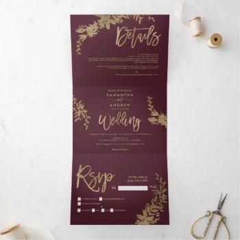 Small Chic Gold Floral Red Burgundy Chic Script Wedding Tri-fold Front View