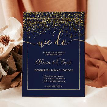 Small Chic Gold Foil Navy Blue Photo Initials Wedding Front View