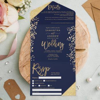 chic gold glitter confetti navy blue wedding all in one invitation