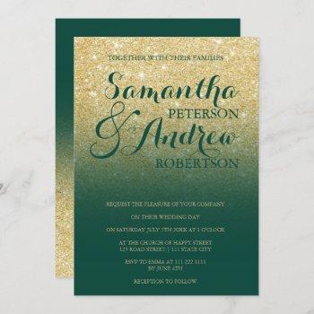 chic gold glitter emerald green wedding invitation