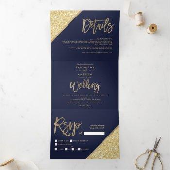 Small Chic Gold Glitter Typography Navy Blue Wedding Tri-fold Front View
