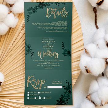 Small Chic Gold Script Floral Green Elegant Wedding Tri-fold Front View