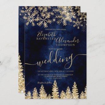 chic gold snow pine navy christmas winter wedding invitation