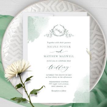chic green watercolor stains, monogram wedding invitation