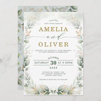 chic greenery gold leafy eucalyptus garden wedding invitation