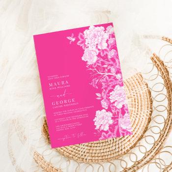 chic hot pink chinoiserie flower garden wedding invitation