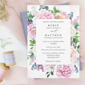 chic lavender peach and pink pastel floral wedding invitation