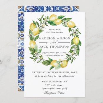 chic lemon greenery floral wreath wedding invitation