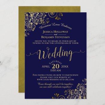 chic navy blue & gold virtual wedding livestream invitation