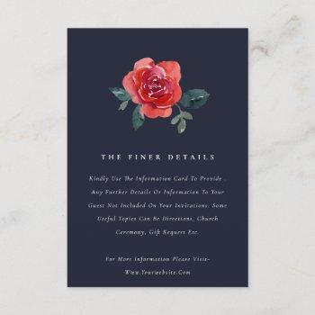 Small Chic Navy Red Green Rose Floral Wedding Detail Enclosure Card Front View