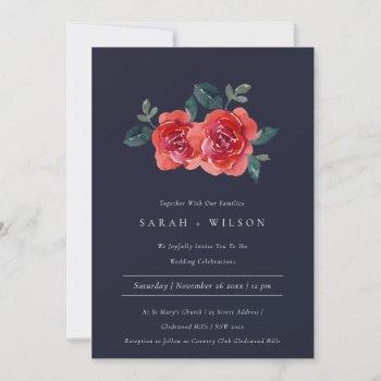 Small Chic Navy Red Green Rose Floral Wedding Invite Front View