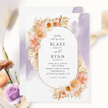 chic peach blush cream and lavender oval wedding invitation
