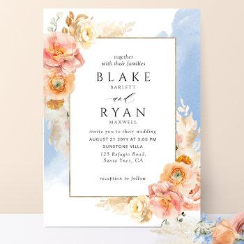 chic peach blush floral, blue watercolor wedding invitation