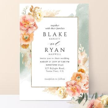 chic peach blush floral, sage watercolor wedding invitation