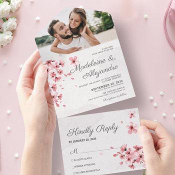 chic pink cherry blossom romantic floral wedding all in one invitation